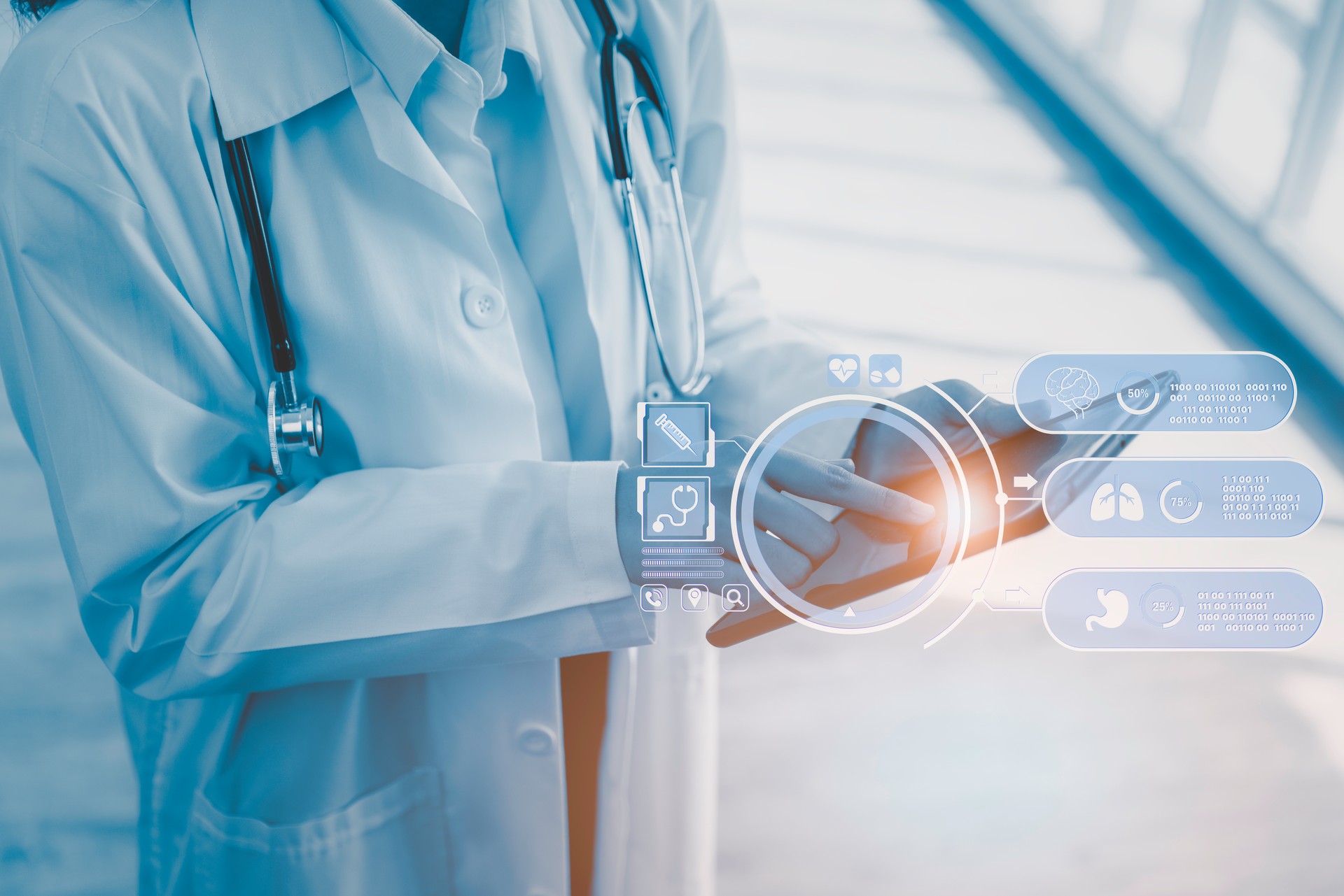 Doctor holding stethoscope searching data on digital tablet with futuristic hologram graphic, Digital healthcare technology concept