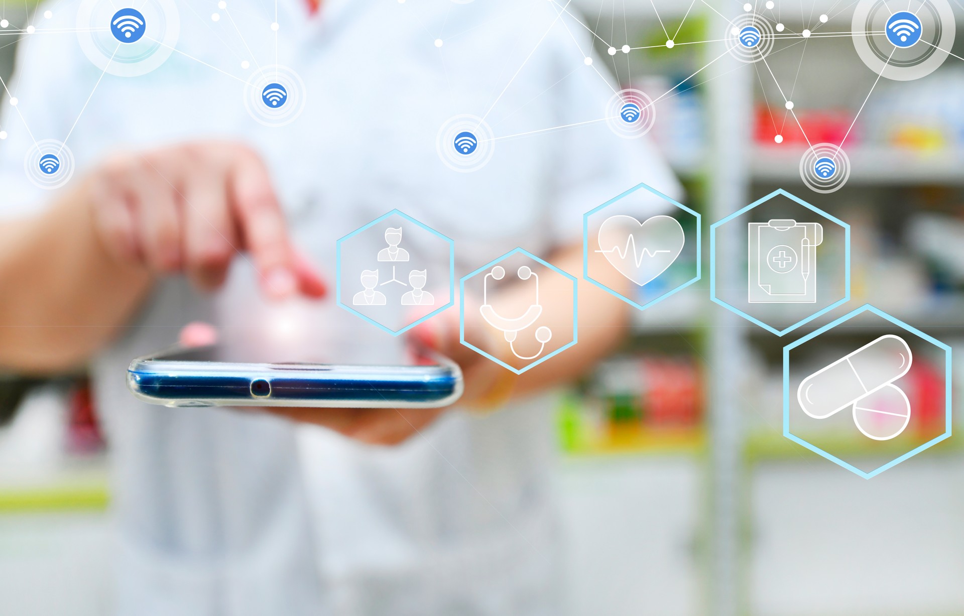 Pharmacist using mobile smart phone for search bar on display in pharmacy drugstore shelves background.